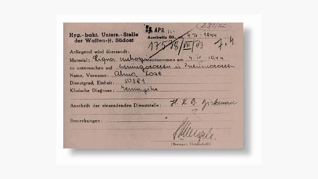 Žádost o vyšetření na Institut hygieny SS podepsaný Josefem Mengelem