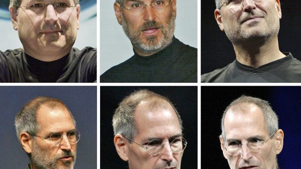Steve Jobs na fotografiích z let 2000, 2003, 2005 (nahoře) a 2006, 2008, 2009 (dole)