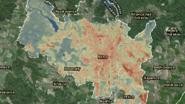 Satelitní mapa teplot v Brně