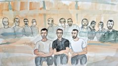 Umělecká skica zobrazující Salaha Abdeslama, jednoho z obviněných, který je považován za jediného žijícího člena skupiny podezřelé z provedení útoků, a další obviněné během vynesení rozsudku v procesu s pařížskými útočníky z listopadu 2015