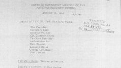 První strana zápisu z mimořádné porady amerického prezidenta kvůli invazi sovětských vojsk do Československa v srpnu 1968.