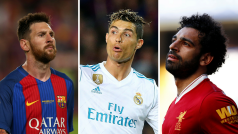 Zleva: Lionel Messi z Barcelony, Cristiano Ronaldo, který v létě zamířil z Realu Madrid do Juventusu Turín, a Muhammad Salah z Liverpoolu jsou nominováni na nejlepší útočníky uplynulého ročníku Ligy mistrů.