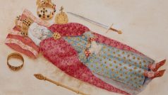 Karel IV. na katafalku rekonstrukce pohřební výbavy a oděvu Karla IV. (Kresba)