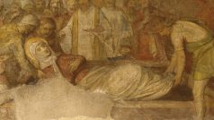 Pohřeb svaté Ludmily ze středověké fresky z chrámu svatého Jiří v Praze