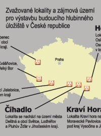 Zvažované lokality a zájmová území pro výstavbu budoucího hlubinného úložiště v České republice