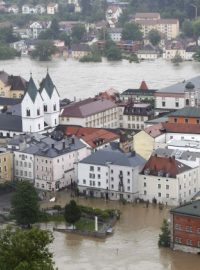 Pohled na zatopené město Pasov v Německu