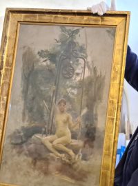 „Pravda“ je v alegorii obvykle znázorňována jako nahá ženská postava, na obraze z jihlavské galerie sedí na studni