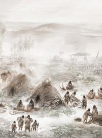 Ilustrace tábora v Upward Sun River, nalezište ostatků.