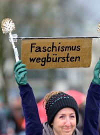 Žena s nápisem &quot;smažme nacismus&quot; protestuje proti německé pravicové straně Alternativa pro Německo