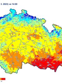 Teplotní maxima pro 23. březen padala hlavně na jižní Moravě