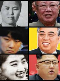 Slunce Koreje Kim Ir-sen (uprostřed) obklopen členy své mocné rodiny. Zleva manželka Kim Čong-suk, syn Kim Čong-il, snacha Song Hje-rim, syn Šura, pravnuk Kim Han-sol, vnuk Kim Čong-un, snacha Ko Jong-hui, vnuk Kim Čong-čchol. Koláž iROZHLAS