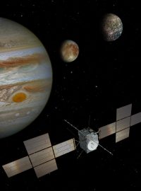 Sonda Juice v animaci u Jupiteru a jeho měsíců