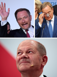 Lídr SPD Olaf Scholz (dole), předseda FDP Christian Lindner (vlevo nahoře)a šéf CDU Armin Laschet (vpravo nahoře)