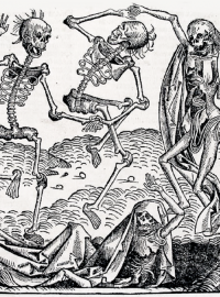 Danse macabre, dřevoryt slavného německého malíře a grafika Michaela Wolgemuta (1434-1519). Motiv tance smrti, který zdůrazňuje pomíjivost pozemského žití, v evropském umění obzvlášť vzkvétal v dobách velkých morových ran. Stejně tak kostliví jezdci byli v minulosti chápáni jako zlovolná předzvěst nemoci, nebo rovnou její roznašeči.