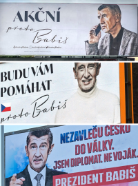 Tři varianty billboardů Andreje Babiše v kampani před prezidentskými volbami. Verze listopad, před prvním kolem a po prvním kole