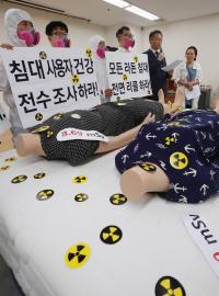 Jihokorejští aktivisté protestují proti radioaktivním matracím, které vyrobila společnost Daijin Bed (květen 2018).