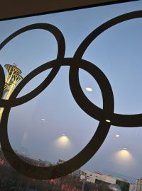 Výhled z presscentra na olympiádě v Pekingu v roce 2022