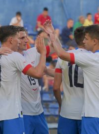 Čeští fotbalisté se radují z gólu do sítě Černé Hory